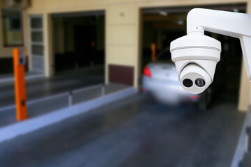 cctv camera installed on the parking lot to protection security. Copy space.