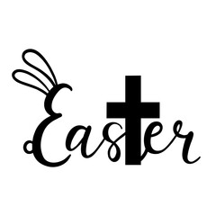 Obraz premium Easter - lettering decorated by rabbit ears and cross. Happy Easter holiday. Isolated on white background. Good for postcard, card, invitation, poster, banner template lettering typography