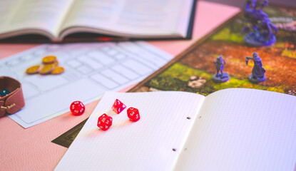 Role playing tabletop and board games hobby with red dice banner size background