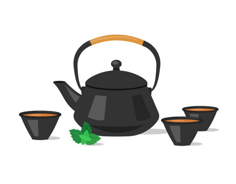 Сhinese or japanese tea ceremony concept. Ceramic teapot and cups isolated. Vector illustration. 