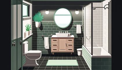 Interior of a modern large bathroom with plants, generative AI.