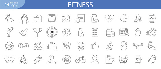 Fototapeta na wymiar Fitness Icon Pack. 44 Fitness icons. health, physical exercise, exercise, gym, weight, running, yoga, fitness, cardio, and more.