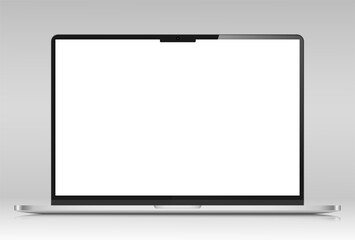 Realistic Laptop layout with silver case and white screen. Laptop with reflection on a gray gradient background. Vector illustration.