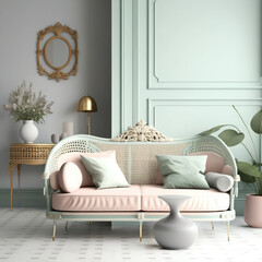 Vintage room in light pastel colors with modern sofa.