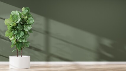Plant against a green wall mockup. green wall mockup with wooden floor, plant and. 3d render