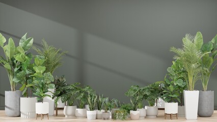 Plants against a dark green wall mockup. dark green wall mockup with wooden floor, plant and. 3d render
