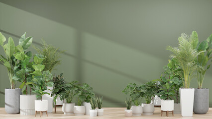 Plants against a green wall mockup. green wall mockup with wooden floor, plant and. 3d render