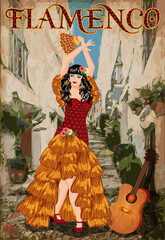 Flamenco dancer girl with fan and guitar, spanish city background, vector illustration	