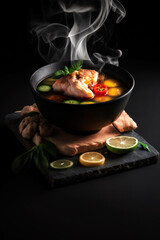 Soul-Warming Hot  Steaming Chicken Soup Served in Style on a Black Stone Platter. Generative AI
