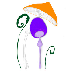 Unrealistic mushrooms in white background. Magic plants. Cartoonish purple mushroom. 