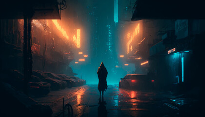 Fototapeta premium Cyberpunk futuristic city. Dark rainy day with skyscrapers. Dystopian future with neon signs and light. Advanced technological metropolis, Digital illustration sci fi cityscape. Generative AI