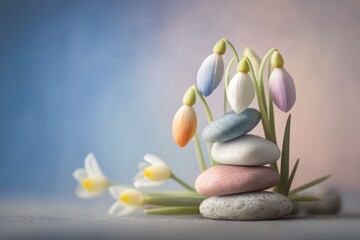 Obraz na płótnie Canvas Spring cheerful creative concept, fresh spring flowers and pastel colorful stones and rocks. Spring is coming, nature is waking up. Generative AI.
