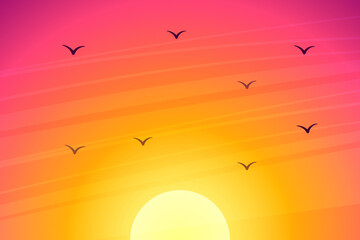Colorful sky with sun and bird landscape background