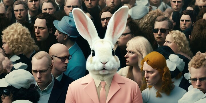 A mass of people and Easter rabbit, huge crowd and close up view of young handsome white bunny who stands out, stand out from crowd, be different and respect differences. Generative AI.