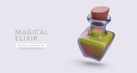 Magical elixir in glass bottle with shadow in 3d realistic style concept. Vector illustration