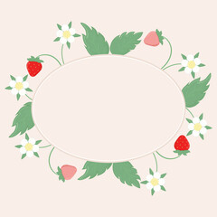 Frame with strawberries, flowers, leaves and place for text. Spring or summer vector food illustration, card, decoration, border, paper.