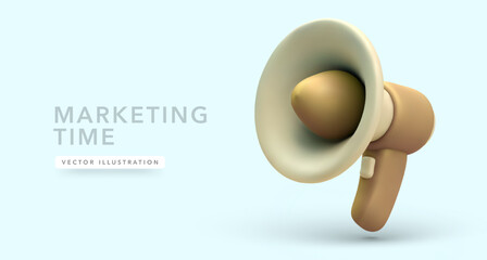 Marketing time concept. Realistic 3d megaphone, loudspeaker with shadow isolated on light background. Vector illustration