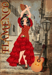 Spanish flamenco dancer girl with fan and guitar, vector	illustration