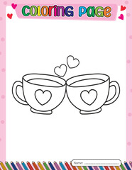 Two cups of love. Valentine's day. Coloring page for kids. Activity Book.
