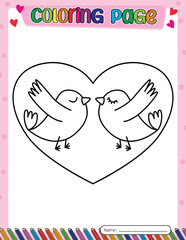 Two birds in love and heart. Valentine's day. Coloring page for kids. Activity Book.
