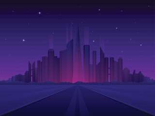 Futuristic night city and metropolis road with skyscrapers