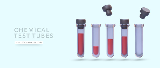 Set of realistic 3d glass test tube with shadow isolated on light background. Vector illustration