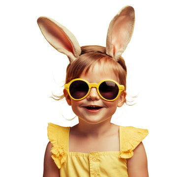 Easter studio portrait of a young girl with sunglasses and easter bunny ears. Generative ai