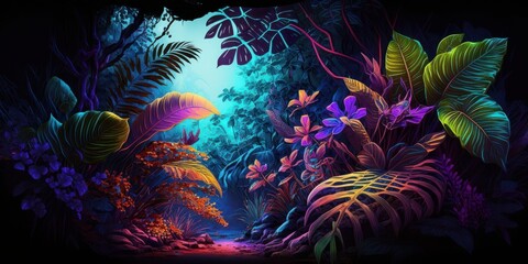 Plakat Tropical jungle landscape with fresh vivid plants, leaves and flowers. Beautiful forest, Summer botanical garden on sunny day. Generative AI.
