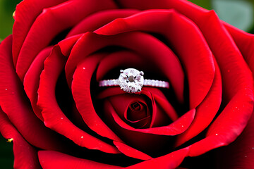 Proposal Idea: A Proposal Ring inside the Petals of a Red Rose. Generative AI.
