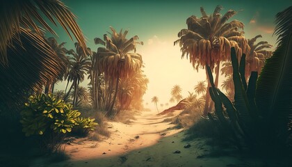 Plakat palm trees on sunset