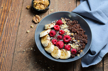 Chocolate Couscous with Raspberry and Banana Topping, Healthy Snack, Bowl, Breakfast