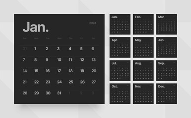 Classic monthly calendar for 2024. The calendar grid is square in black and dark color. The week starts on Sunday.