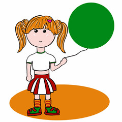 girl with a lollipop the girl is a beautiful baby with a balloon, in a skirt,T-shirt,socks,sneakers,with ponytails,with a beautiful hairstyle,blonde