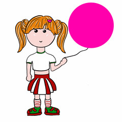 little girl with lollipop the girl is a beautiful baby with a balloon, in a skirt,T-shirt,socks,sneakers,with ponytails,with a beautiful hairstyle,blonde
