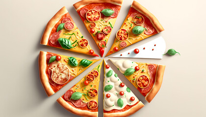 Appetizing pizza cut into pieces, generative AI.