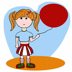 girl with lollipop the girl is a beautiful baby with a balloon, in a skirt,T-shirt,socks,sneakers,with ponytails,with a beautiful hairstyle,blonde