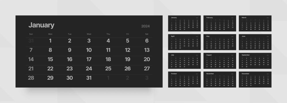 Quarter calendar template for 2024 year. Horizontal calendar grid in black and dark color. Week Starts on Sunday. 