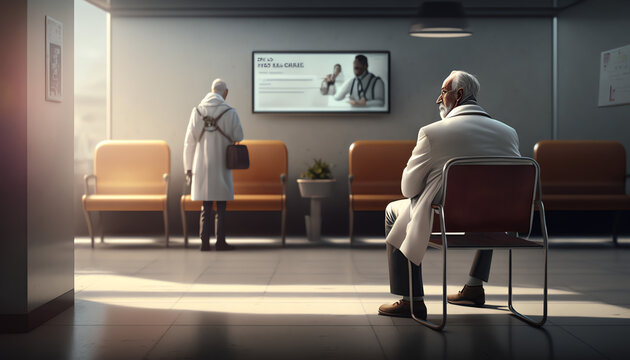 The image shows a doctor wearing a white coat and stethoscope examining a patient sitting on a chair in a waiting room. The patient appears calm and confident as the doctor listens to their heart