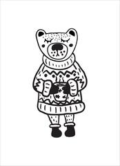 Funny forest animal doodle, a bear character wearing a cozy sweater, Scandinavian-style animal holding a hot beverage 
