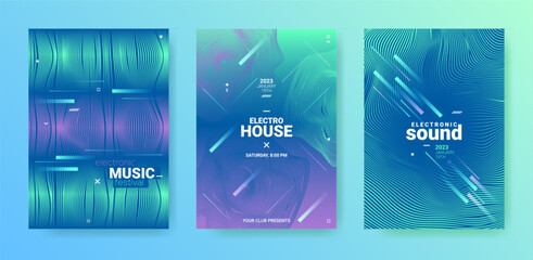 Futuristic Edm Poster. Techno Music Dance Cover. Electronic Sound Illustration. Abstract Dj Background. Edm Party Flyer Set. Geometric Fest Banner. Gradient Wave Movement. Vector Edm Party Flyer.