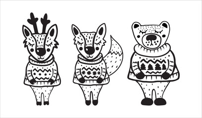 Funny forest animals doodles, a bear, a deer and a fox characters wearing cozy sweaters, Scandinavian-style animals