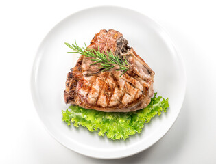 Top view of Grilled t-bone chop of pork