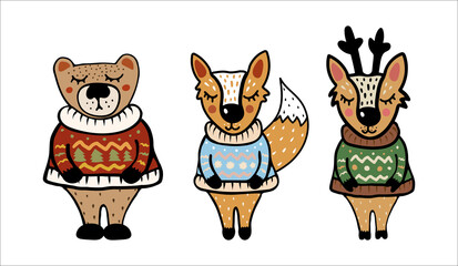 Funny forest animals color doodles, a bear, a deer and a fox characters wearing cozy sweaters, Scandinavian-style animals