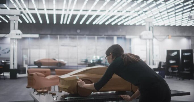 Portrait of a Female Automotive Designer Sculpting a 3D Clay Model of a New Production Car. Young Woman Using a Spatula to Carefully Trim the Surface of a Prototype Concept Vehicle