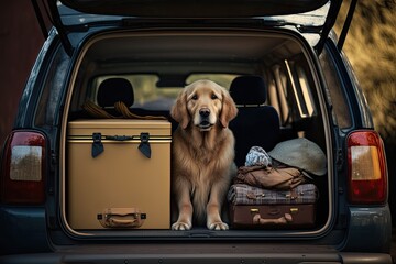 a picture of a golden retriever pup packing up the car for a road trip. Generative AI