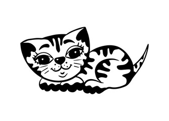 Cute hand-drawn kitty character, a sweet kitten icon in black and white, a cartoon of little cat with stripes 
