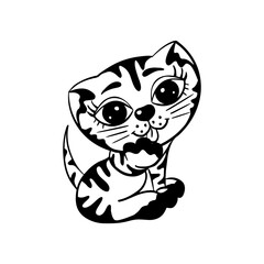 A cute hand-drawn tabby kitten licking its paw, a cat cleaning itself, a striped kitten icon, a sweet little cat with big eyes, black and white illustration