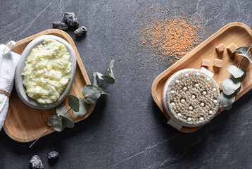 Spa composition with bath personal care items, top view.