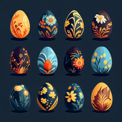 fine painted eggs designed for Easter, cartoon style, flat design, generative ai