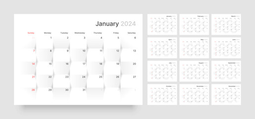 Monthly calendar template for 2024 year. Planner diary with 3d paper background. Week Starts on Sunday. 